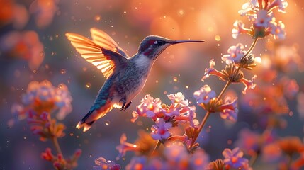 A striking hummingbird hovering near a cluster of vibrant flowers on a sunny spring day, its iridescent feathers shimmering in the light