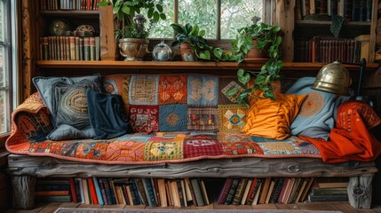cozy reading nook, a vintage patchwork quilt drapes over a reading nook bench beside a rustic bookshelf filled with beloved books, creating a cozy and nostalgic atmosphere