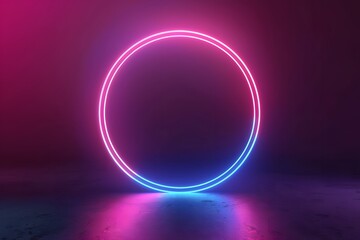 Neon Glowing Circle on Dark Background, Pink and Blue Light Rings
