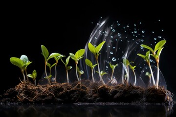 Sequence of plant growth stages from seed to sprout with dynamic water droplets