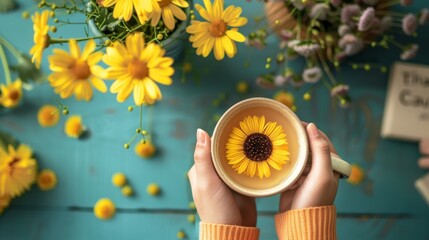 Hands holding a cup with a floating flower on a table with yellow flowers. - Powered by Adobe