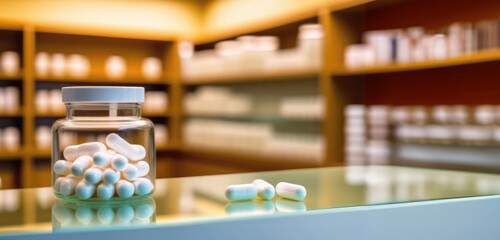 Fototapeta premium Banner Jars of medications, tablets, capsules on light surface with space for design and text. Prescription drugs, antibiotics, vitamins, pharmaceuticals, pharmacy. Health care concept