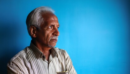 An Indian 75 years old men with a thinking expression on his face in front of the plain blue background