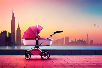 Pink baby stroller parked and in the background a view of the city