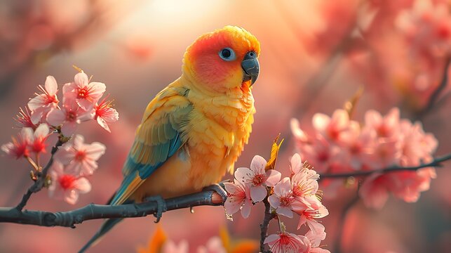  A vibrant parakeet perched on a branch of a blooming cherry tree, its cheerful chirps echoing through the springtime air.
