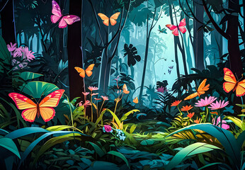 A whimsical comic-style jungle scene with neon-colored butterflies fluttering among the trees and flowers vector art illustration generative AI image.
