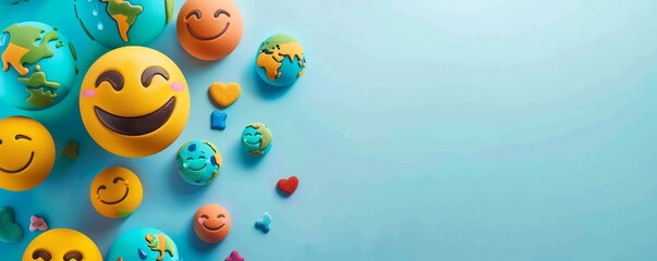 Colorful smiling emoji balls with globe designs on a blue background. Flat lay composition with copy space - Powered by Adobe