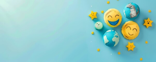 Smiling emojis and globes with stars on a light blue background. Flat lay composition with copy space
