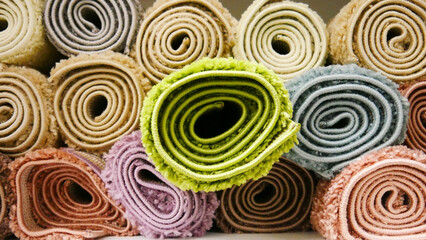 A pile of different soft colored carpets close-up