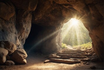 Sunlight streams through the cave's entrance. Natural setting. The empty tomb of Jesus