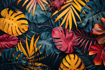 Bright monstera and palm leaves on a black background. Beautiful multi-colored template, background, texture for decoration