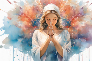 virgin mary praying with rosary in her hands
