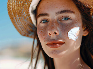 A young woman on a sunny beach day protects her face with sunscreen, Generative AI