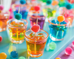 A fun and colorful jello shot display with various flavors and colors of jello shots, each in clear cups with party picks, set on a bright and festive party tableClose-up
