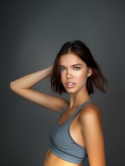 Fototapeta premium Young slim athletic brunette on a gray background. Active lifestyle, weight loss, motivation.