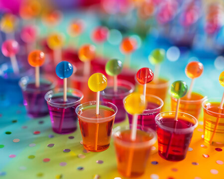 A fun and colorful jello shot display with various flavors and colors of jello shots, each in clear cups with party picks, set on a bright and festive party tableClose-up