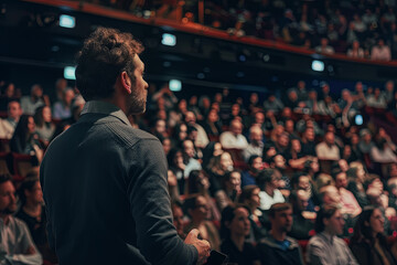 Speaker giving a talk on corporate business conference. Unrecognizable people in audience at conference hall. Business and Entrepreneurship event