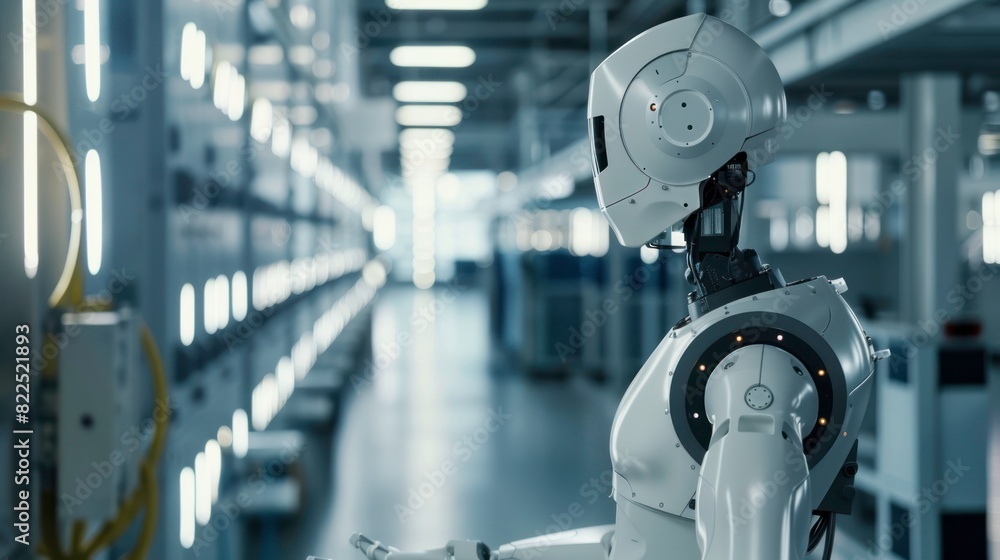 Poster industrial robot works automatically in smart autonomous factory.