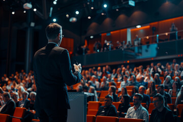 Speaker giving a talk on corporate business conference. Unrecognizable people in audience at conference hall. Business and Entrepreneurship event
