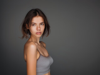 Fototapeta premium Young slim athletic brunette on a gray background. Active lifestyle, weight loss, motivation.