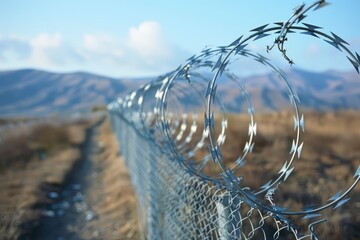 Barbed and razor wire fence. Fencing the state border against immigration