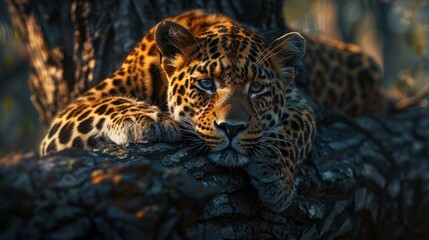 Leopard is resting on a tree trunk