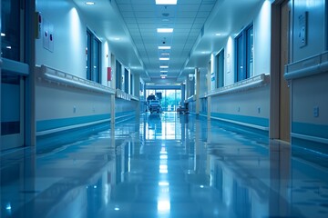 Obraz premium Serene hospital ward with patients recovering on beds, sunny corridor view
