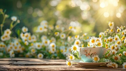 Chamomile flowers in teacup on wooden table in garden