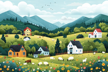 Summer Village Landscape. Drawing in a geometric style of houses, hills and grazing animals in a meadow