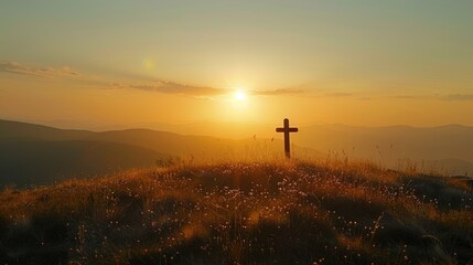 Silhouette of a cross on a hill in a mountain landscape at sunset.