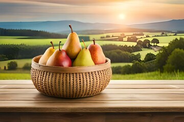 Basket with pears and a farm in the background