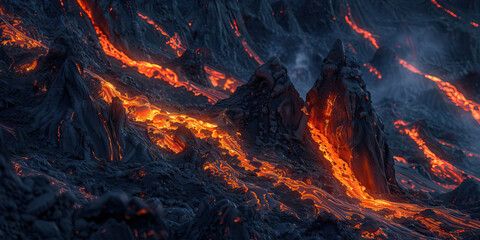 The glowing orange embers cascade down the rocky black mountainside, the soft light playing off their jagged peaks