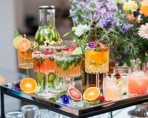 A modern cocktail station with a variety of craft cocktails displayed on a mirrored tray, each garnished with unique elements like edible flowers, herbs, and fruit slices, set against a chic bar