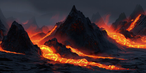 The glowing orange embers cascade down the rocky black mountainside, the soft light playing off their jagged peaks
