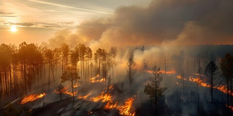 Pine forest devastated by wildfire during dry season amidst global environmental crisis. Concept Forest Fire, Environmental Crisis, Devastation, Renewal Through Adversity, Global Impact