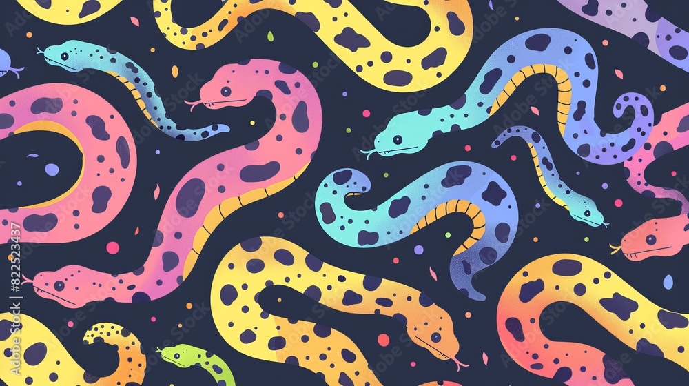 Poster seamless colorful pattern blending leopard and snake motifs.