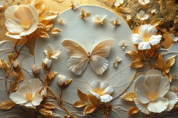 3 panel wall art, a collection of white golden circle-shaped works of art, each featuring intricate patterns of flowers, leaves and butterflies