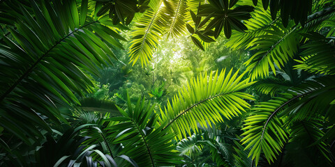 The lush green jungle canopy towers above, teeming with life, its vibrant leaves blocking out the harsh rays of the sun
