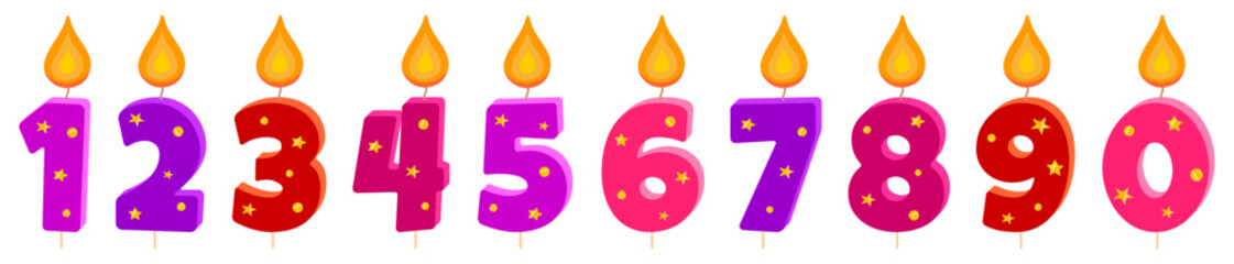 Burning candles numbers with gold confetti for birthday, anniversary, holiday isolated on white background, vector.