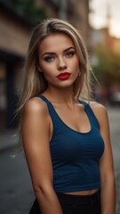 Fototapeta premium Potrait beautiful western with bold makeup, wearing big red tank top