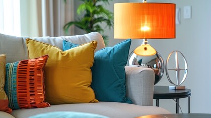 Interior design with couch, colorful cushions and lamp on end table