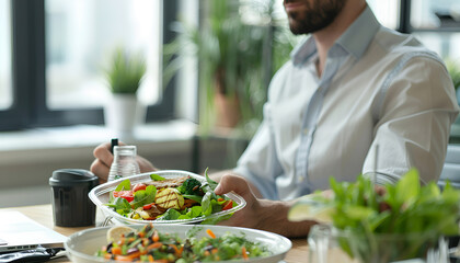 Office employee having business lunch at workplace, closeup