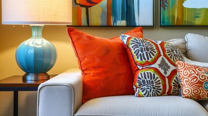 Interior design with couch, colorful cushions and lamp on end table