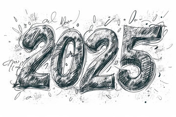 2025 drawing numbers, new year sketch greeting card, doodle celebrate banner, freehand eve poster