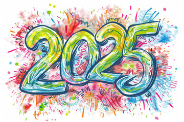 2025 drawing numbers, new year sketch greeting card, doodle celebrate banner, freehand eve poster