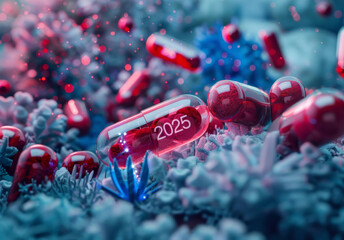 2025 medicine pills New Year background, 2025 drug greeting card, tablet design, medication banner