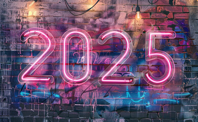 2025 neon numbers, luminous New Year symbol, fluorescent 2025 greeting card, glowing sparkle