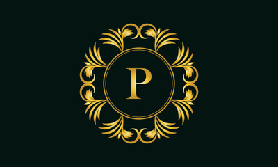 Golden elegant monogram in the form of a ring design with the letter P in the center. Vector illustration. Luxury ornament for restaurant logo, business, jewelry, etc