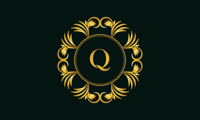 Golden elegant monogram in the form of a ring design with the letter Q in the center. Vector illustration. Luxury ornament for restaurant logo, business, jewelry, etc