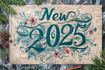 Obraz premium Vintage 2025 drawing, tattoo sketch Hand Drawn Numbers, New Year 2025 greeting card, typography